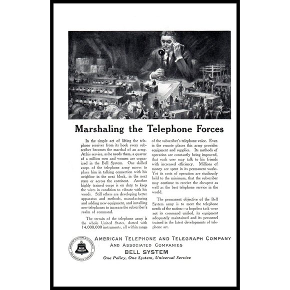 1924 American Telephone Telegraph Bell System Vintage Print Ad Army Wall Art